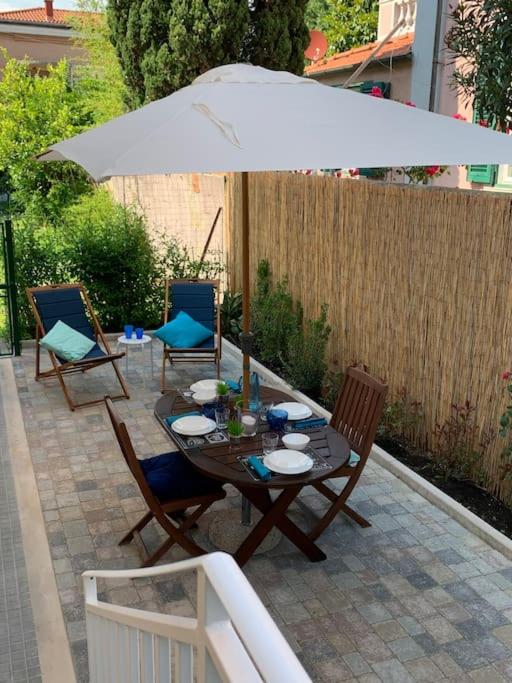 Tavolo da pranzo nel patio con ombrellone e sdraio